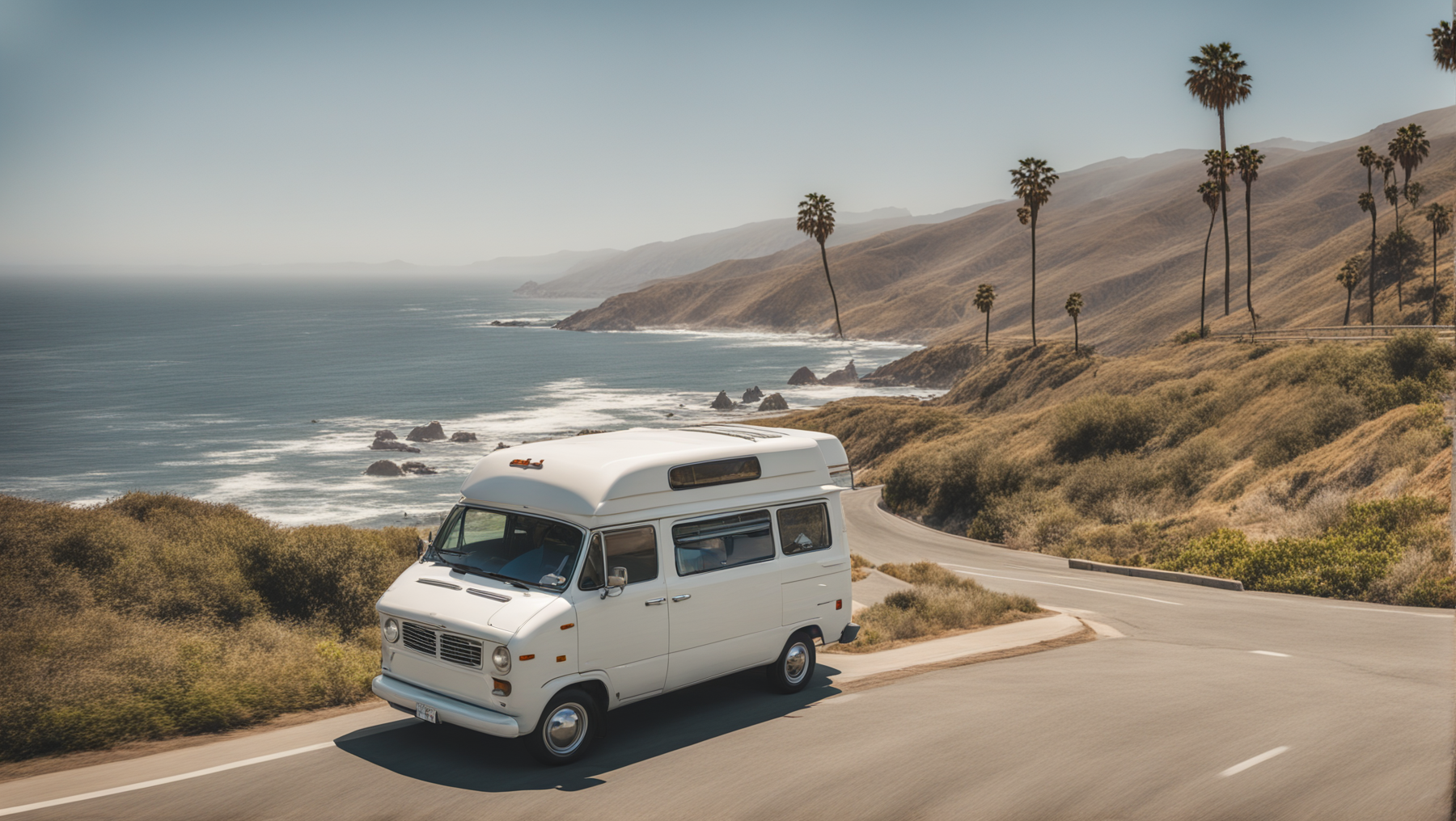 Hero shot image displaying a white campervan driving along the a sunny coastline.